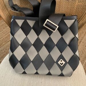NWOT Black and Gray Maggie Bags Woven Seatbelt Backpack bag black
and grey check